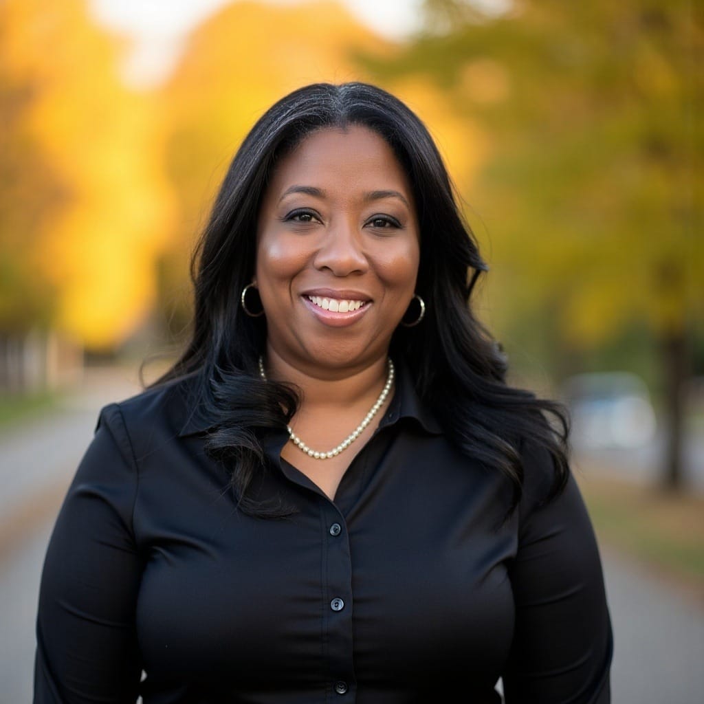 Smiling woman in a black shirt and pearl necklace stands on a tree-lined path with golden autumn foliage, conveying warmth and approachability.